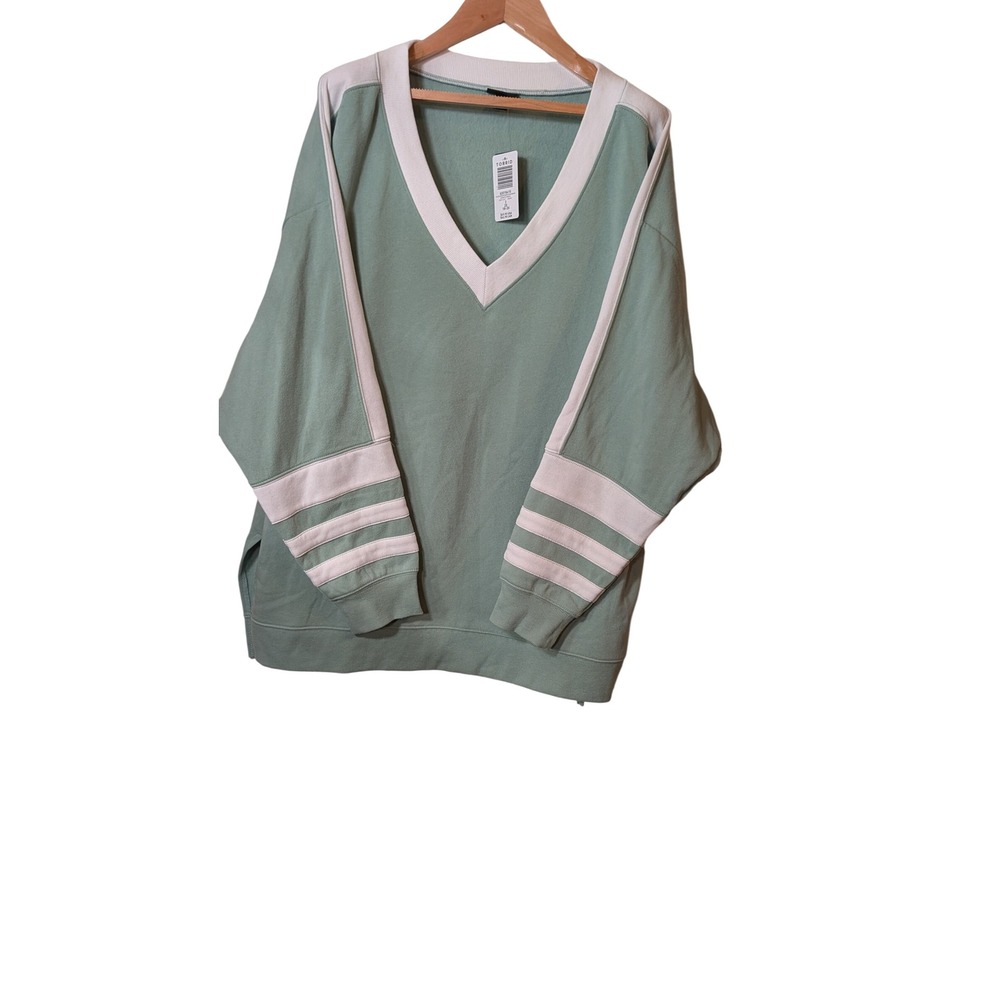Torrid Sage Green V-Neck Varsity Stripe Fleece Sweatshirt Plus Size 2 2X NEW